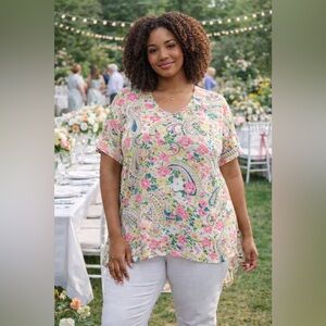 Crown & Ivy XL, vibrant pink, green, blue & peach print hi-low top boxy tee